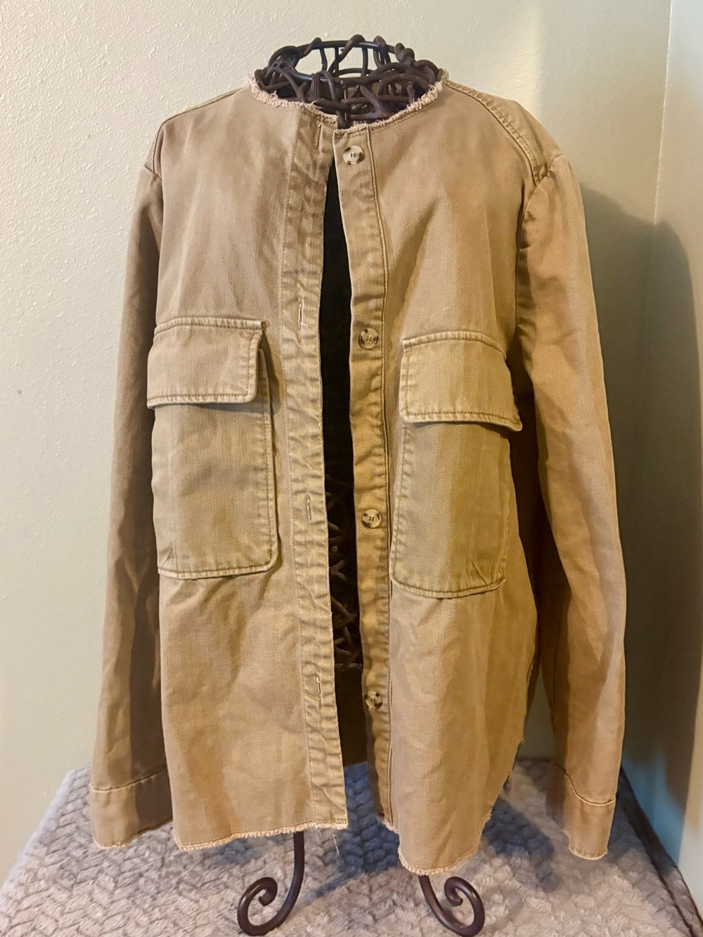 Zara Beige Collarless Canvas Field Jacket